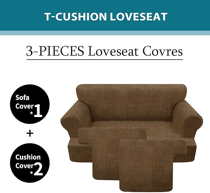 T Cushion Loveseat Slipcover 3 Pieces Sofa Covers for T Cushion Sofa Stretch Slip Covers for 2 Cushion Couch with 2 Individual T Shape Seat Covers (Chocolate, 2 Cushion)