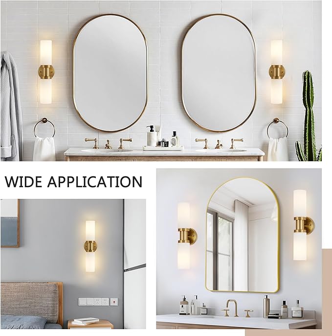 Brushed Gold Wall Sconces, 17.5 inch Modern Wall Sconces Lighting with Milk White Glass Shade, Gold Vanity Light Wall Lamp for Mirror Bathroom Kitchen Living Room