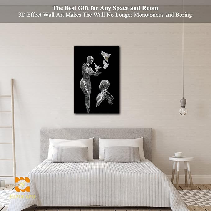 HIPOCAPO 3D Metal Effect Wall Art - Canvas Art, Decor for Modern Living Room, Framed Romantic Couple Put Pigeons pictures bedroom 18''x24''x1Pcs 3d Art-24