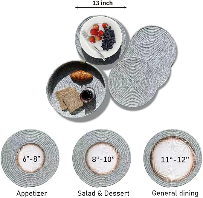 Art PineCone's Woven Cotton Rope Round Placemats Set of 4 with Holder Included, Non-Slip, and Heat Resistant Shabby Chic Placemats (Heather Gray, 13 inch)