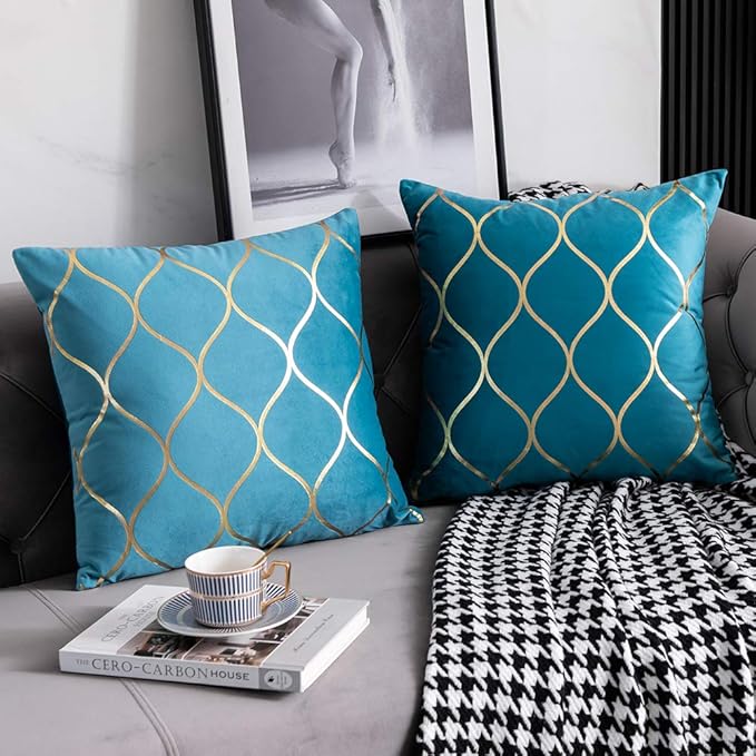 26x26 Inch Gold Velvet Euro Sham Pillow Covers: 2 Pack Square Decorative Pillow Cases for Bedroom Sofa Couch Living Room, Turquoise