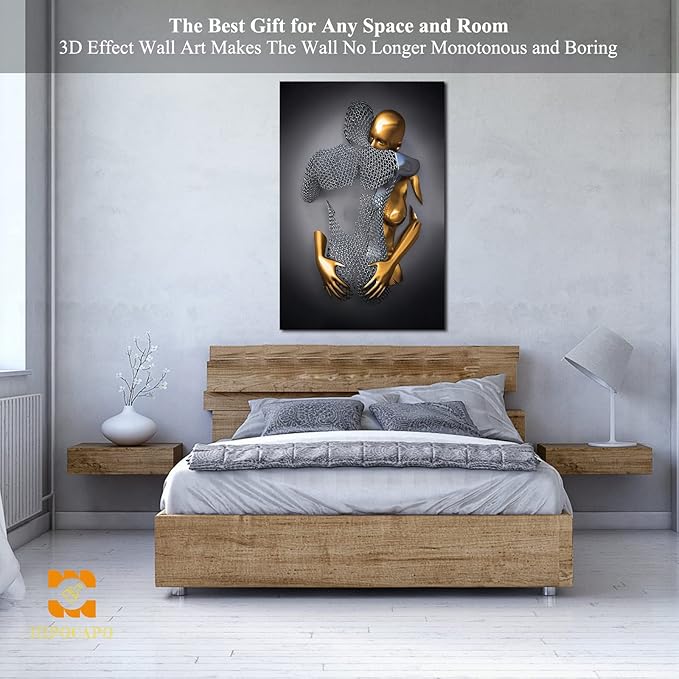 3D Metal Effect Wall Art - 3D Metal Canvas Art, 3D Metal Canvas Art 3D Canvas Art Wall Decor for Modern Living Room, Framed Romantic Couple Living Room Canvas Wall Art 32”x48”x1Pcs