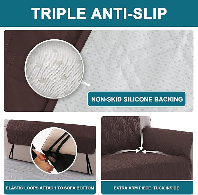 Turquoize 100% Waterproof Couch Cover Sofa Covers for 2 Cushion Couch Loveseat Covers Triple Non-Slip Washable Furniture Protector Cover for Pets, Kids, Dog (Loveseat 54", Chocolate)