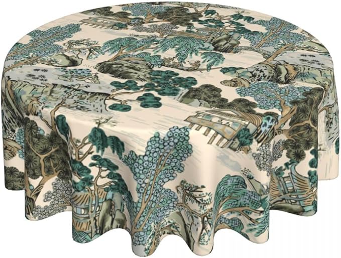 Japanese Tablecloth, Traditioanal Chinese Landscape Oriental Vintage Eastern Water Resisitant Wipeable Table Cover for Dining Kitchen Living Room Home Party Holiday Decor 36 inch Round