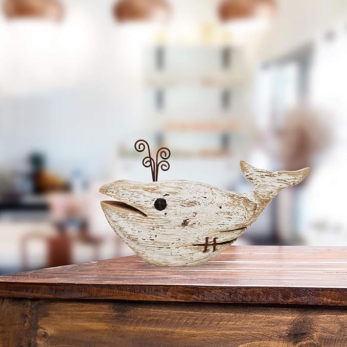 K KILIPES Wood Whale Statue Nautical Tabletop Decor Rustic Whale Animal Figurine Distressed Wooden Whale Sculpture Fun Beach Ocean Decor (2)