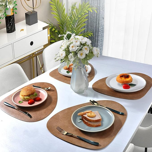 Faux Leather Placemats Set,Round PU Dinning Table Mats,Wipeable Easy to Clean Stain Resistant Heat Resistant Waterproof Place Mats Durable Plate Mats for Table Nordic Style (Brown(6Pack))
