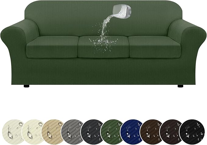100% Waterproof Couch Cover 4-Piece Set Striped Sofa Slipcovers for 3 Cushion Couch Sofa Covers with TPU Leakproof Bottom Couch Protector Pet Proof - Sofa(3-Cushion), Military Green