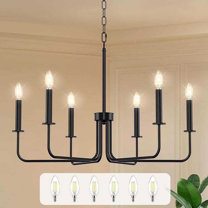Farmhouse Chandelier with 6 E12 Candelabra Bulbs, 6-Light Metal Hanging Ceiling Light Fixture for Dining Room, Kitchen Island, Living Room, Entryway, Foyer-Matte Black