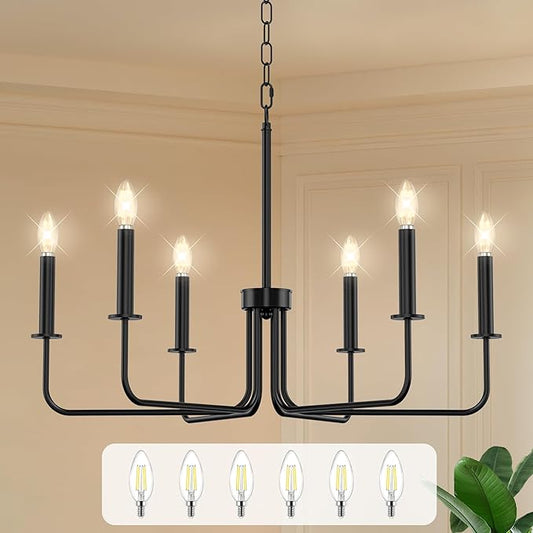 Farmhouse Chandelier with 6 E12 Candelabra Bulbs, 6-Light Metal Hanging Ceiling Light Fixture for Dining Room, Kitchen Island, Living Room, Entryway, Foyer-Matte Black