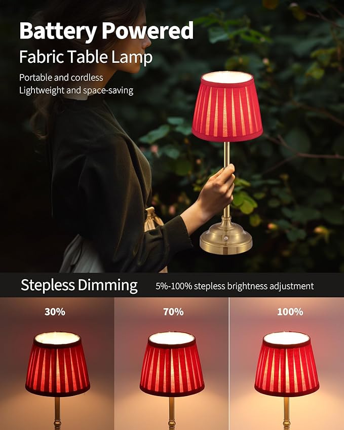 KDG Cordless LED Table Lamp Set of 2, Portables Fabric Shade Desk Lamps, 5000mAh Rechargeable Battery Powered Lighting, Dimmable Light for Dining Room, Bedroom, Bedside, Night Light, Balcony (Red)