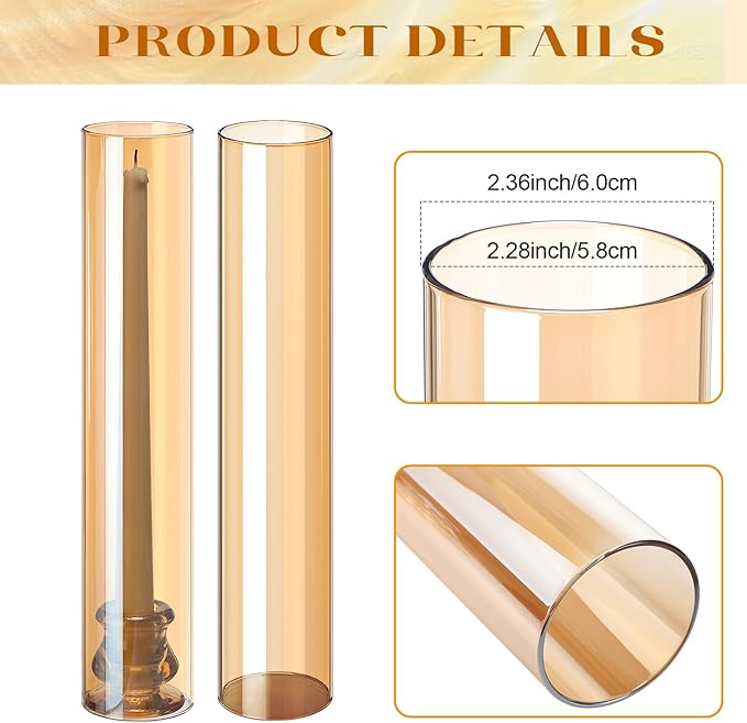 12 Set Christmas Glass Hurricane Candle Holders 12.6" Open Ended Glass Candleholder Tube Shape Bottomless and 2.2" Taper Clear Candlestick Holders for Wedding Party Table Centerpiece (Amber)
