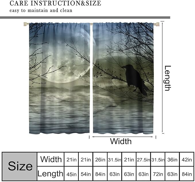 Gothic Crows Blackout Curtains, Vintage Moon Misty Tree Woodland Lake Water Raven Black Crow Retro Rustic Window Drapes, for Living Room Bedroom 31.5(W)*72(L) 2 Panels