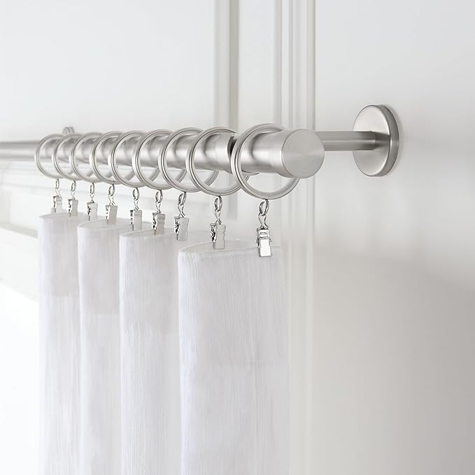 MODE Cambria Designer Series - Premium Easy Glide 18 Count Small Curtain Rings - Metal with Nylon Inserts and Clips - 1 inch Inner Diameter - use for rods 5/8" or Smaller - Brushed Nickel