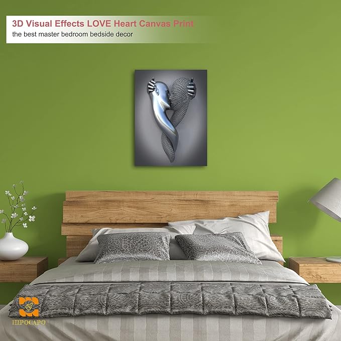 3D Metal Effect Wall Art - 3D Metal Canvas Art, Silver Modern Abstract hug Lovers Painting Picture Poster Prints for Bathroom, Romantic Couple Living Room Canvas Wall Art Framed 18”x24”x1Pcs