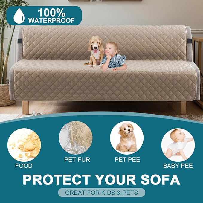 Turquoize 100% Waterproof Futon Cover Futon Slipcover Washable Armless Sofa Bed Slipcover Protector Seat Width Up to 70" with Adjustable Elastic Strap Anti-Slip for Dogs, Khaki