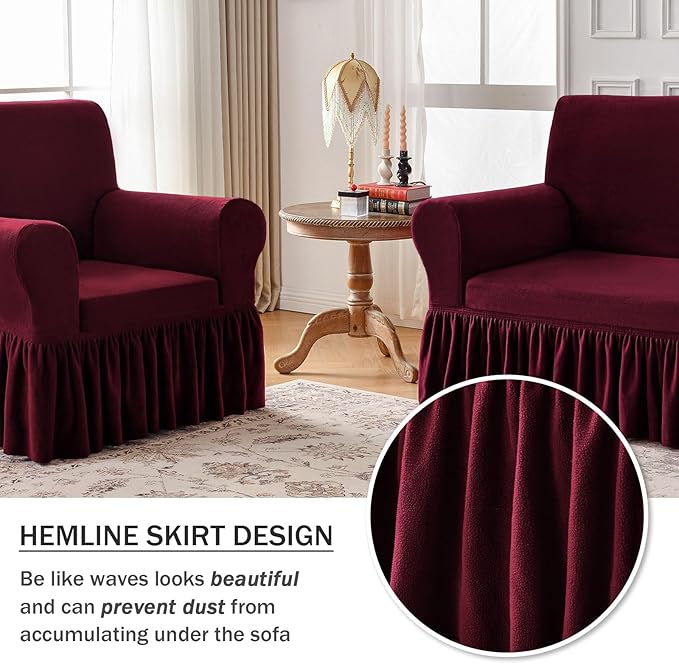 NICEEC Armchair Cover Thick Plush 1-Piece Warm Wine Red Armchair Slipcover Stretch Fluffy Couch Covers for Living Room Easy Fit Washable Soft Furniture Sofa Protector with Skirt