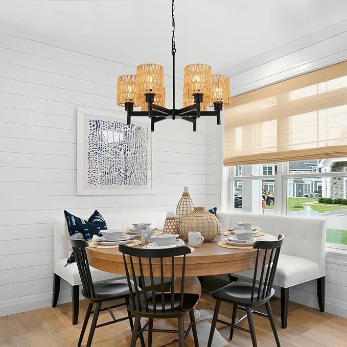 6-Light Boho Rattan Chandeliers for Dining Room Black Farmhouse Pendant Lights Kitchen Island Adjustable Height Rustic Chandelier for Living Room Bedroom Entryway Foyer E26 Base