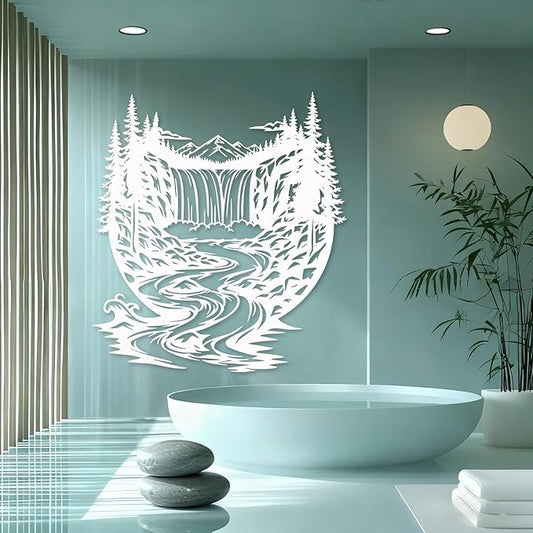 OZF Mountain Waterfall Forest Metal Wall Art, Rustic Wilderness Landscape Metal Wall Decor, Modern Nature Hanging Decor for Living Room Office, Cabin Themed Home Sculpture (White, 39 x 39 in | 100 x 100cm)