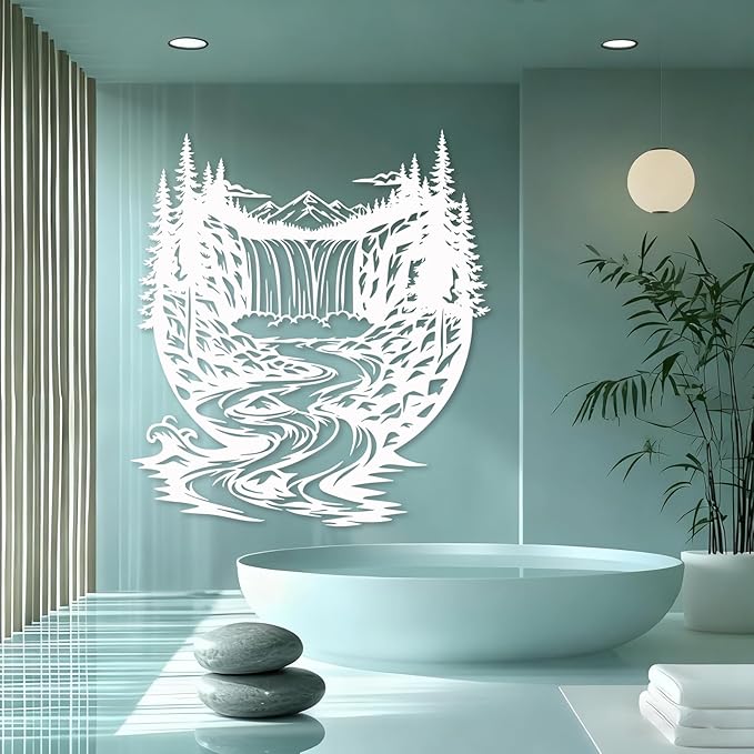 OZF Mountain Waterfall Forest Metal Wall Art, Rustic Wilderness Landscape Metal Wall Decor, Modern Nature Hanging Decor for Living Room Office, Cabin Themed Home Sculpture (Gold, 28 x 28 in | 70 x 70cm)