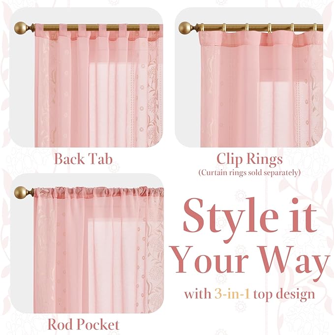 jinchan Winslow Sheer Curtains 63 Inch Length for Dorm Bedroom Bordered Floral Pattern Decorations Short Curtains Light Filtering Window Treatments, 50W x 63L, Beige on Pink, 2 Panels