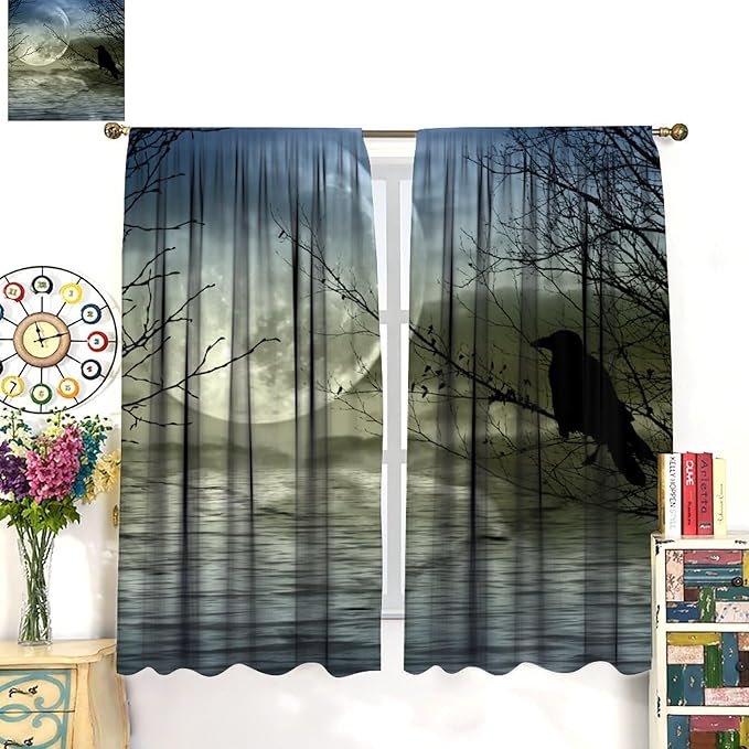 Gothic Crows Blackout Curtains, Vintage Moon Misty Tree Woodland Lake Water Raven Black Crow Retro Rustic Window Drapes, for Living Room Bedroom 31.5(W)*72(L) 2 Panels