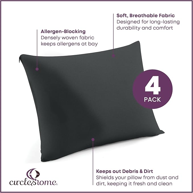 CirclesHome Pillow Protectors 4 Pack King Zippered - 100% Cotton Breathable Pillowcases - Protects Pillows from Dirt, Dust and Debris (King - Set of 4 - 20x36)