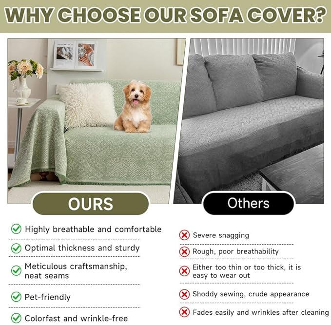 ROOMLIFE Green Sofa Cover, Vintage Boho Couch Cover for 3 Cushion Sofa, Soft Breathable Sofa Cover for Dog, Washable Furniture Sofa Protector Cover Blanket with Tassel for Living Room, 71 '' X 118''