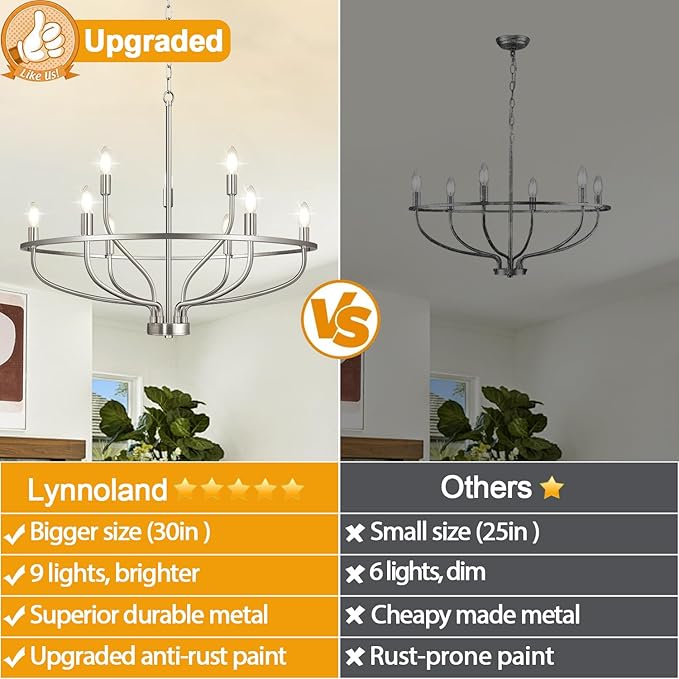 30" Brushed Nickel Chandelier, 9-Light Industrial Chandelier for Dining Room Lighting Fixtures Hanging, Pendant Lights for Kitchen Island, Kitchen Island, Bedroom and Entryway (Bulbs Not Included)