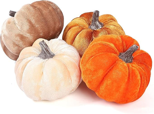 4pcs Velvet Fake Pumpkins Fall Harvest Fabric Foam Pumpkin Thanksgiving Halloween Decor for Table Centerpiece Wedding Farmhouse (4, Orange Gold Coffee Beige, S)