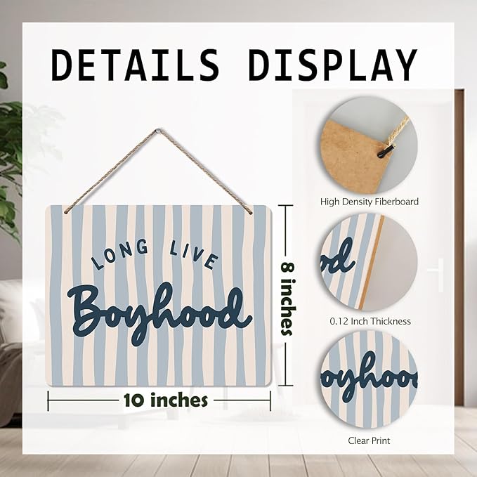 Udinaz Boho Long Live Boyhood Hanging Sign, Playroom Wall Decor, Kids Room Hanging Wood Plaque Decor for Boys Nursery Bedroom Playroom Wall Door Decorations