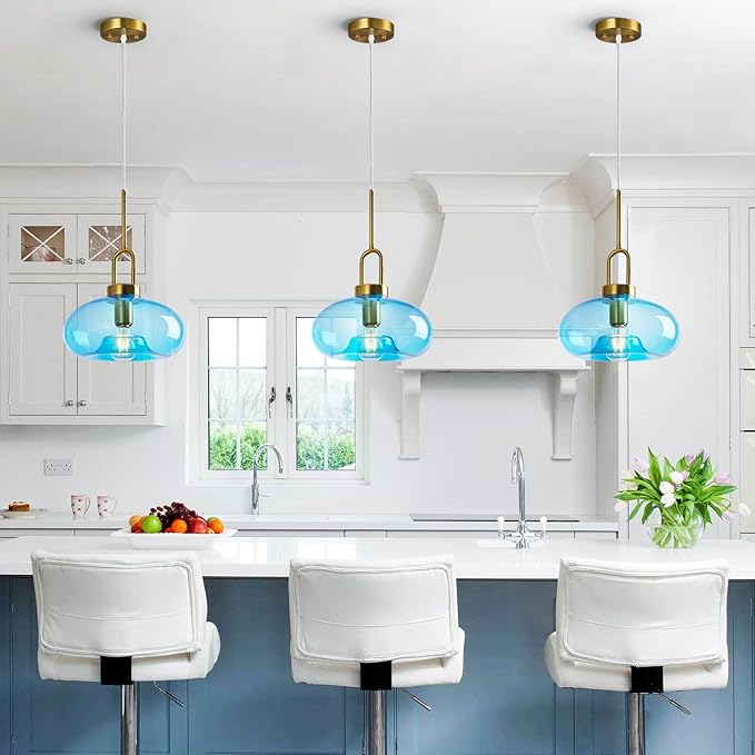 Light Blue Glass Pendant Lights Kitchen Island Gold Pendant Light Fixtures Adjustable Height Modern Pendant Lighting for Bedroom Dining Room (1-Pack)
