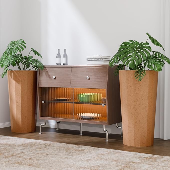 2PCS Tall Planters for Outdoor Plants, 23.6 Inches Large Outdoor Conical Flower Pots for Porch with Drainage Holes and Drainage Baffle, Tapered Large Planters for Garden, Balcony Clay Color