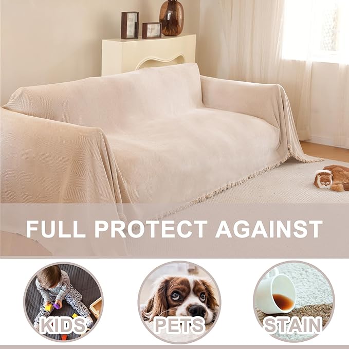Couch Cover - Soft Chenille Boho Herringbone Textured Sofa Throw Cover for Pets, Kids (Light Khaki, XX-Large, 71" x 150")