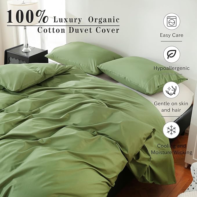 100% Organic Cotton Duvet Cover Queen Size 400 Thread Count Sateen Comforter Cover Soft and Breathable Cooling Bedding Set 3 Piece（Olive Green,Queen）