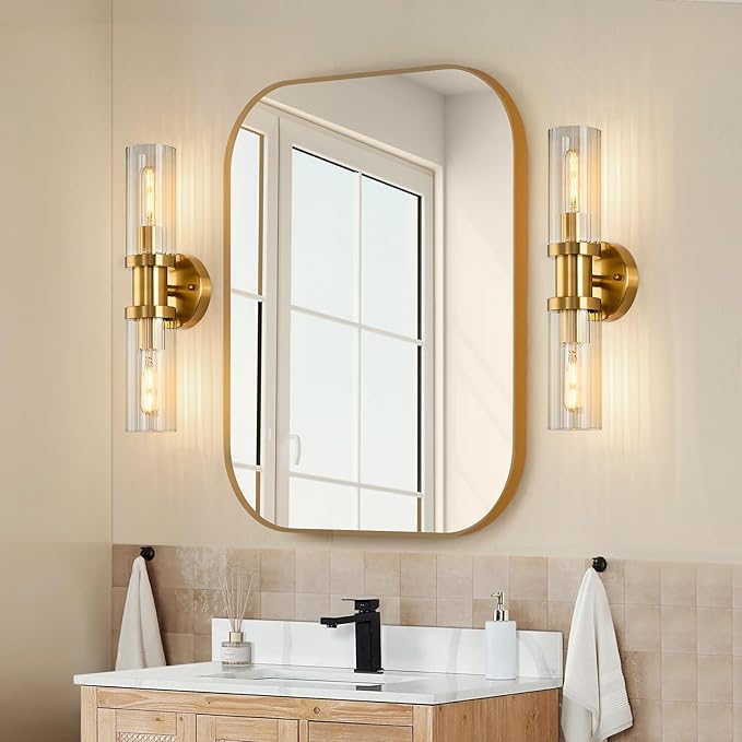Gold Wall Sconces, 17.5 inch Modern Wall Sconces Lighting with Stripped Glass Shade, 2-Light Inch Gold Vanity Light Wall Lamp for Mirror Bathroom Kitchen Living Room