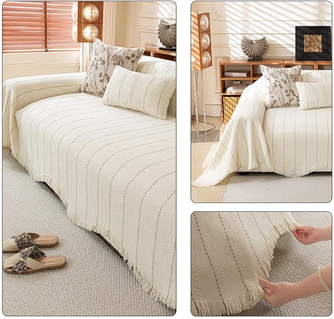 ROOMLIFE Boho White Couch Cover for Dogs, Washable Non Slip Furniture Protector Couch Sofa Covers for 3 Cushion Couch, Soft Chenille Couch Cover Throw Blanket with Tassels 71''X118''