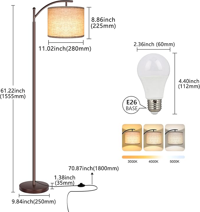ROTTOGOON Floor Lamp for Living Room, LED Tall Industrial Standing Lamp Reading for Bedroom, Office (9W LED Bulb, Beige Lampshade Included) -Oil-Rubbed Bronze