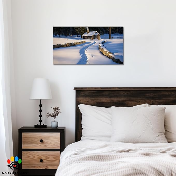 GUTTATY Christmas Winter Scene Canvas Wall Art, Snowy Cabin Pictures, Peaceful Winter Landscape Canvas Painting, Cozy Nature Wall Decor for Living Room, Bedroom, Offices, 16x8 Inch