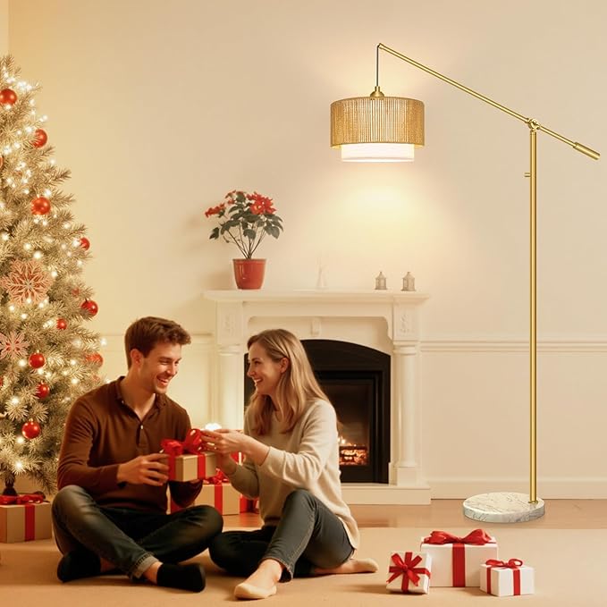 【Upgraded】Arc Floor Lamp for Living Room, Boho Dimmable Swing Arm Floor Lamp with Rattan & Fabric Shades, Gold Rattan Standing Lamp with Marble Base, Farmhouse Adjustable Tall Lamp for Bedroom Office