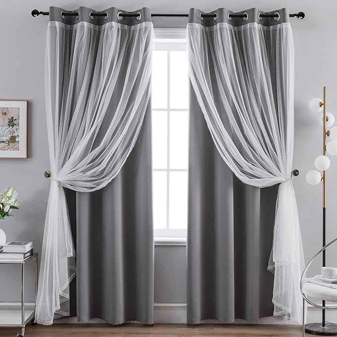 Anytime Home Curtains Blackout and Sheer Layered Solid Window Curtain Panel Pair with Grommet Top, 52Wx72L,Grey