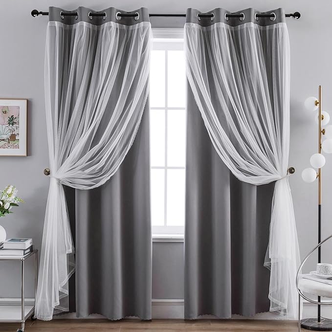 Anytime Home Curtains Blackout and Sheer Layered Solid Window Curtain Panel Pair with Grommet Top, 52Wx108L,Grey