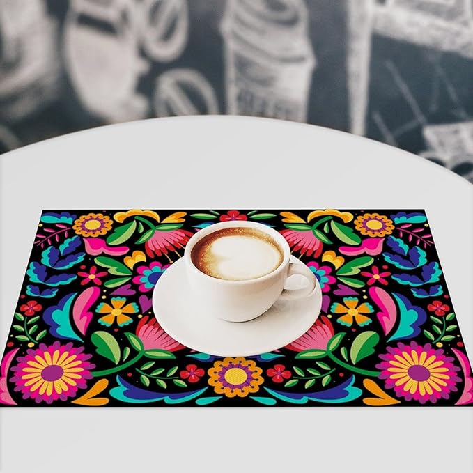 Mexican Fiesta Placemat Set of 6, 12x18 Inch Black Colorful Mexico Floral Flroal Birds Birds Talavera Cinco De Mayo Day of The Dead Coffee Table Mats for Outdoor Kitchen Dining Table Decoration