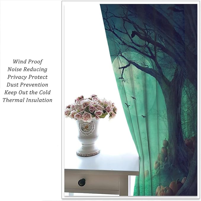 Gothic Mushroom Blackout Window Curtains, Misty Dark Black Forest Moon Halloween Window Drapes, for Living Room Bedroom 21(W)*63(L) 2 Panels