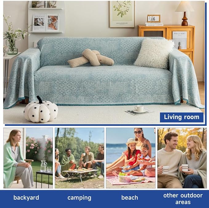 ROOMLIFE Blue Couch Cover Boho Sofa Covers for 3 Cushion Couch Washable, Furniture Protector Sofa Couch Cover for Dogs, Soft Breathable Sofa Slipcover, Couch Throw Blankets with Tassels 71''X150''