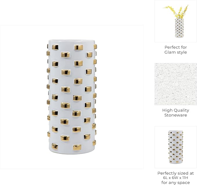 Modern Glam Stoneware Vase with Geometric Accents – Decorative Ceramic Flower Holder – Elegant Home Decor Accent for Living Room, Bedroom, Dining Room, or Office – 11", White and Gold