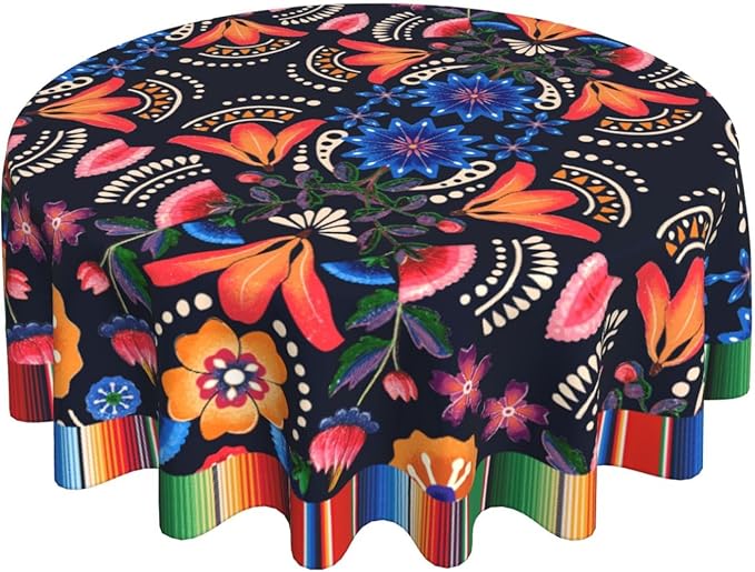 Mexican Round Tablecloth, Traditional Floral Tile Dia De Los Muertos Azulejo Mosaic Mexico Water Resisitant Table Cover for Dining Kitchen Living Room Home Party Holiday Decor 60 inch Round