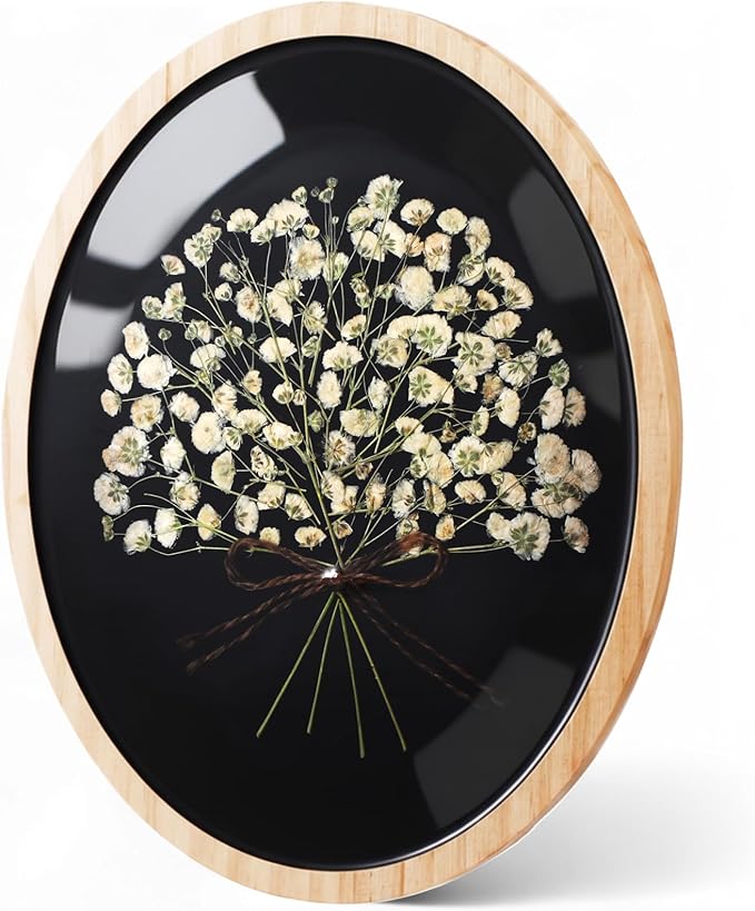 Kathfly Wooden Pressed Flower Wall Decor Resin Natural Baby's Breath Wall Art Framed Dried Flower Artwork with Bow Boho Floral Hanging Decor for Bedroom Living Room Gallery Office(8x10 Inch)