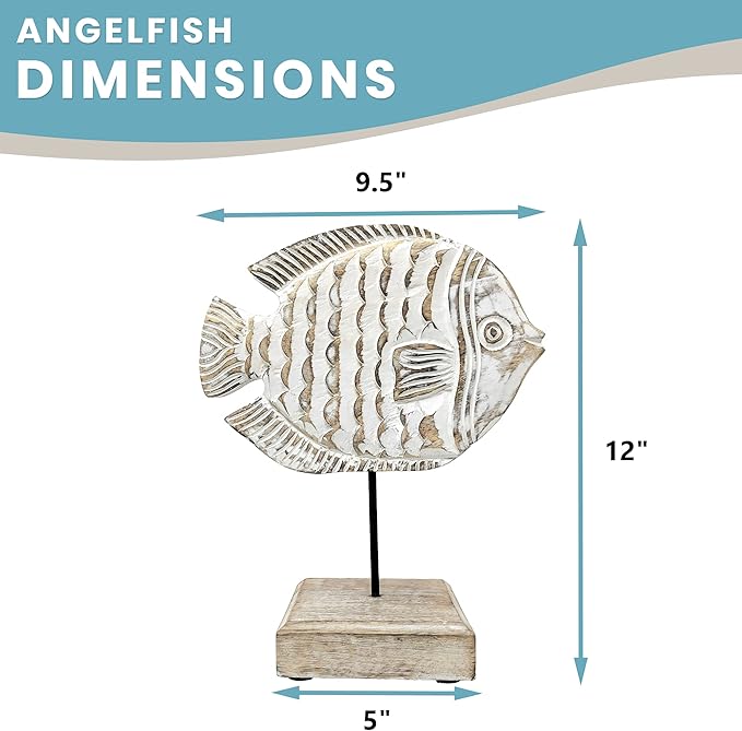 Wooden Fish Sculpture Home Decor | Handmade Angel Fish Statue on Stand | Sea Nautical Beach House Decor Art Piece | Whitewashed Rustic Centerpiece Table Decor for Office, Living Room (Angelfish)
