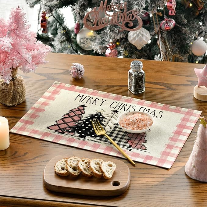 Artoid Mode Waterclor Pink Buffalo Plaid Christmas Trees Placemats Set of 4, 12x18 Inch Winter Table Mats for Outdoor Home Party Kitchen Dining Decor