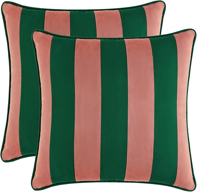 MONDAY MOOSE Decorative Throw Pillow Covers Cushion Cases, Set of 2 Soft Velvet Striped Piping Edge Designs, Pillow Inserts Not Included (Pink/Green, 20x20 inch)